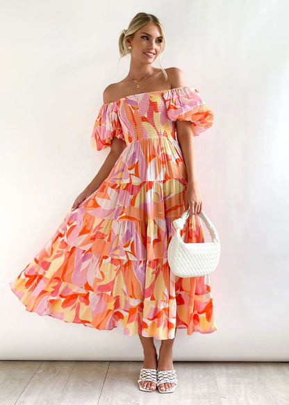 Puff Sleeve Off-Shoulder Printed Dress