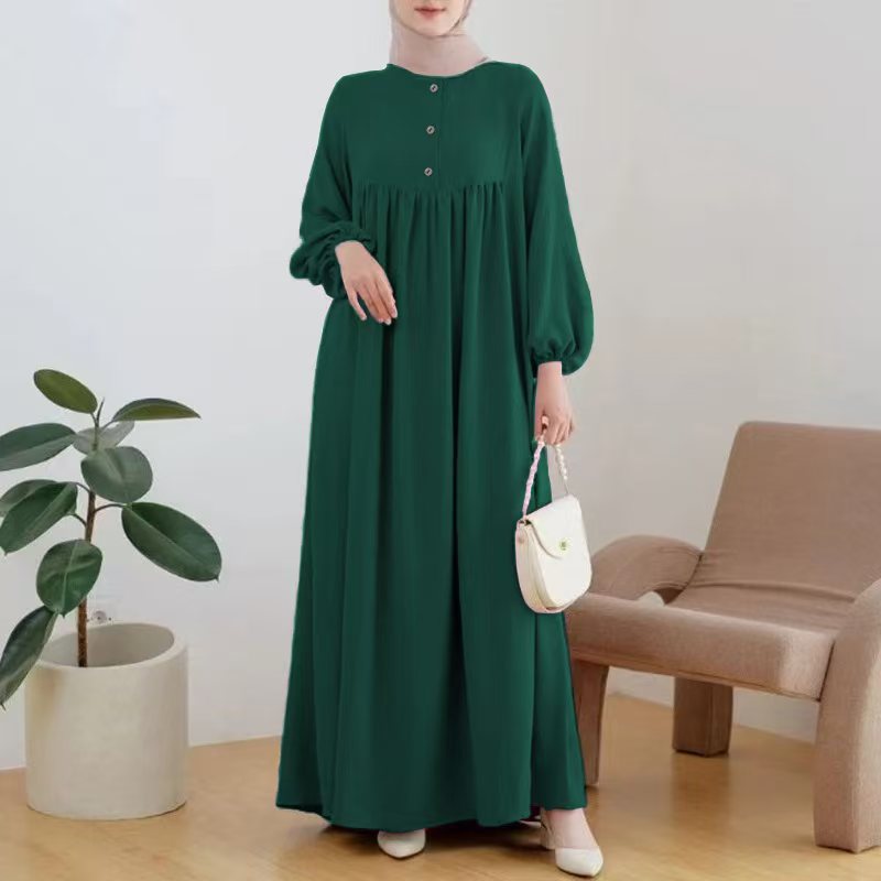 Puff sleeve solid-color buttoned dress