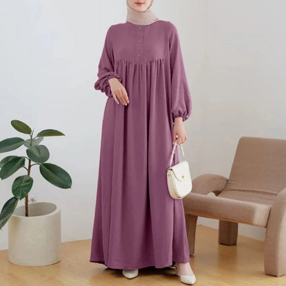 Puff sleeve solid-color buttoned dress