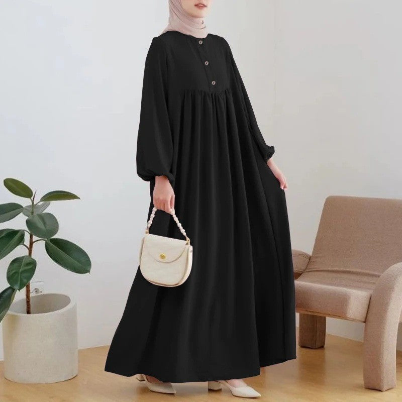 Puff sleeve solid-color buttoned dress