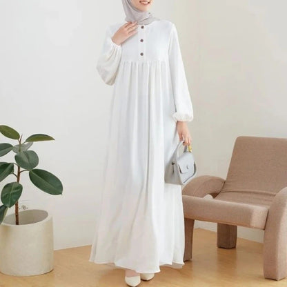 Puff sleeve solid-color buttoned dress