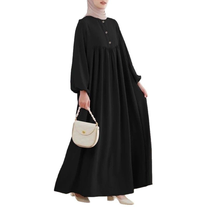 Puff sleeve solid-color buttoned dress