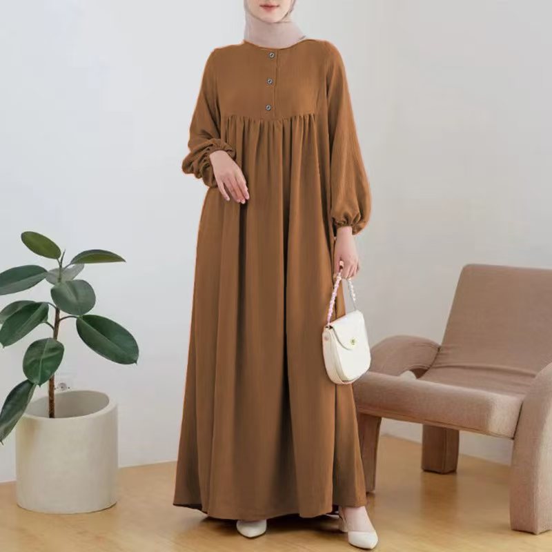 Puff sleeve solid-color buttoned dress