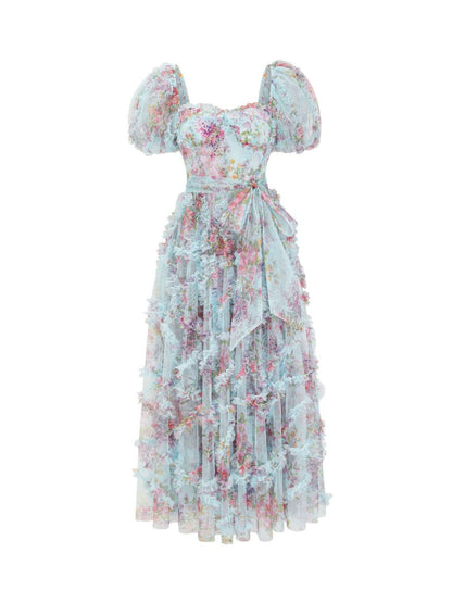 Puff sleeve, wooden earflap long dress