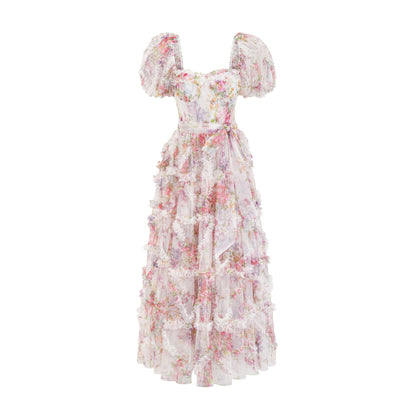 Puff sleeve, wooden earflap long dress