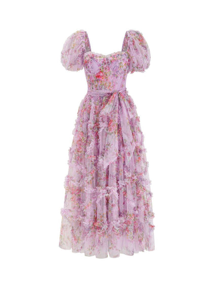 Puff sleeve, wooden earflap long dress