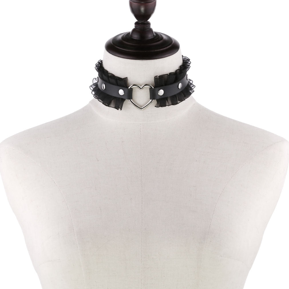 Punk Harajuku Lace Heart PU Leather Collar Necklace