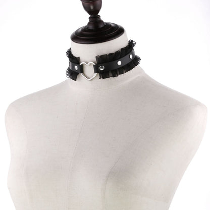 Punk Harajuku Lace Heart PU Leather Collar Necklace