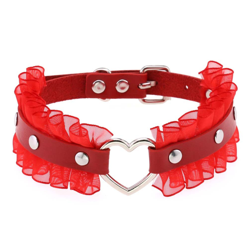 Punk Harajuku Lace Heart PU Leather Collar Necklace