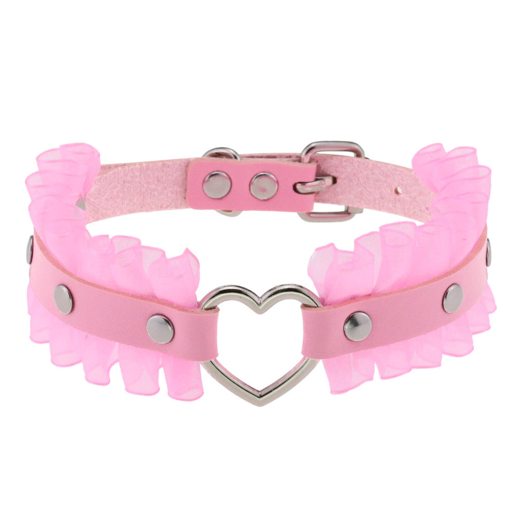 Punk Harajuku Lace Heart PU Leather Collar Necklace