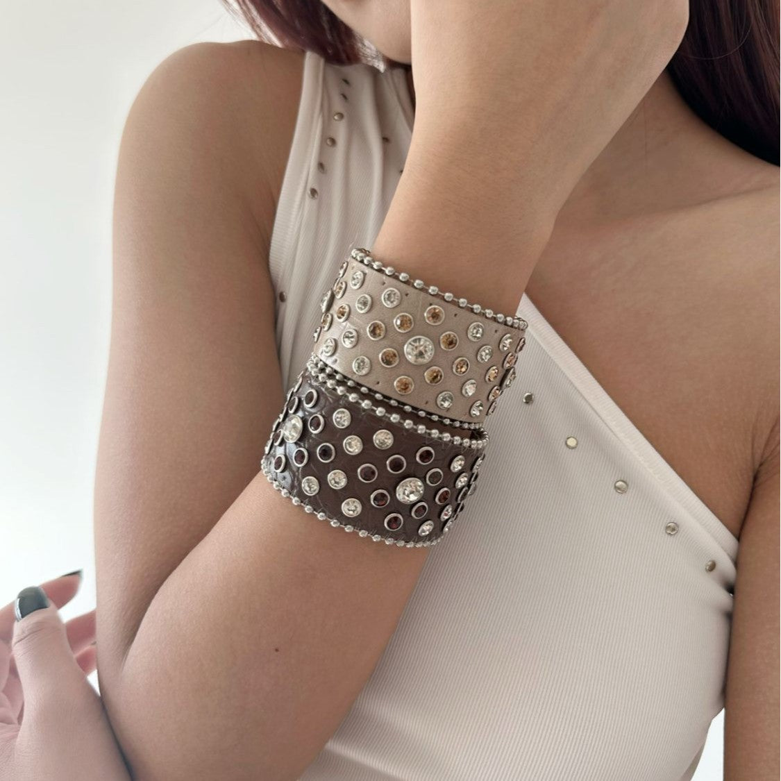 Punk Rhinestone Snap Leather Bracelet
