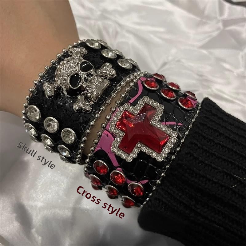 Punk Rhinestone Snap Leather Bracelet
