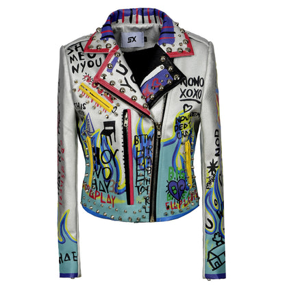 Punk Rock Fashion Graffiti Rivet Leather Jacket
