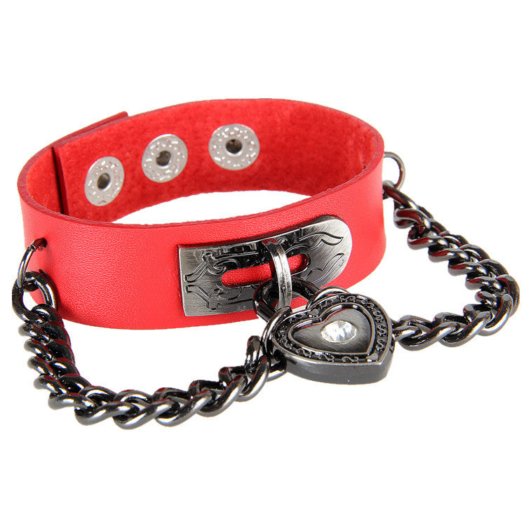 Punk Rock Leather Bracelet with Heart-Shaped Lock Charm