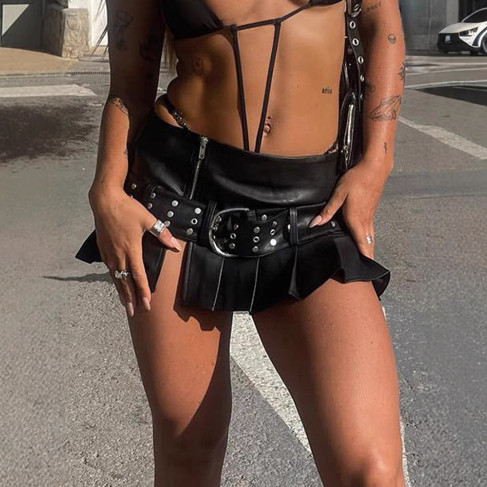 Punk Style Leather Pleated Skirt