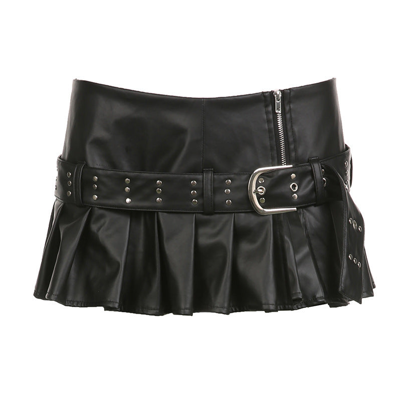 Punk Style Leather Pleated Skirt