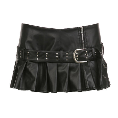Punk Style Leather Pleated Skirt