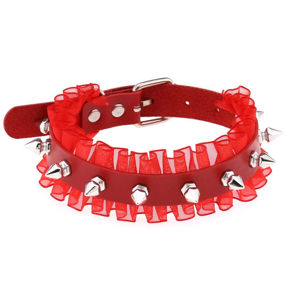 Punk Style Spiked Rivet Leather Choker Lace Edge Pu Necklace
