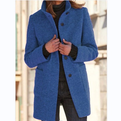 Pure Color Button Stand Collar Woolen Outwear