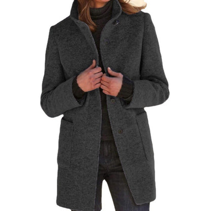 Pure Color Button Stand Collar Woolen Outwear
