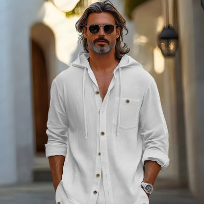 Pure Color Cotton and Linen Casual Long-Sleeved Shirt Shorts Suit