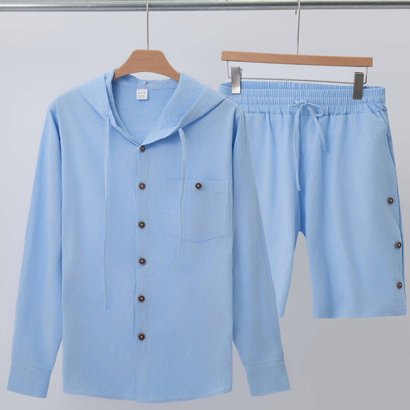 Pure Color Cotton and Linen Casual Long-Sleeved Shirt Shorts Suit