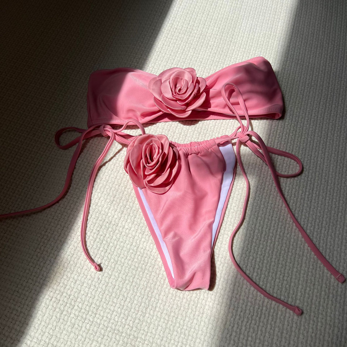 Pure Color Drawstring Tube Top Bikini Swimsuit