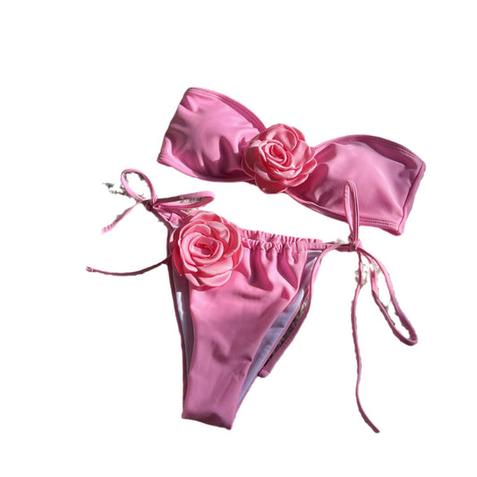 Pure Color Drawstring Tube Top Bikini Swimsuit