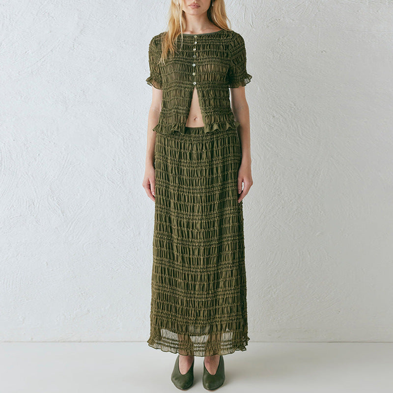 Pure Color Pleated Blouse and Skirt