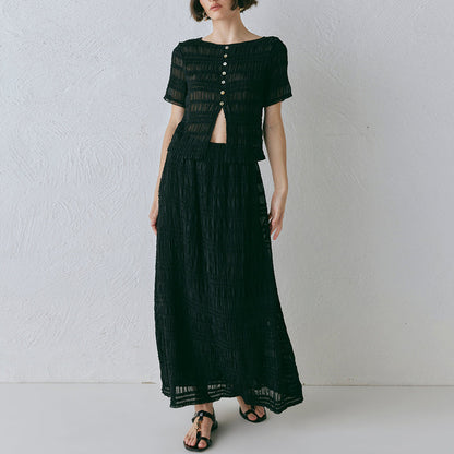 Pure Color Pleated Blouse and Skirt