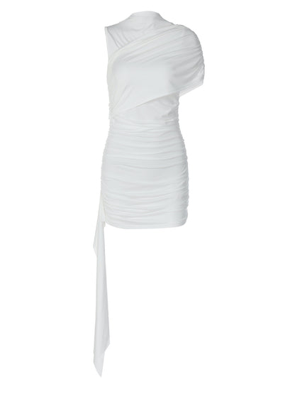 Pure Color Pure Desire High-End Slant Collar Pleated Sleeves Spliced ​​Ribbon Dress