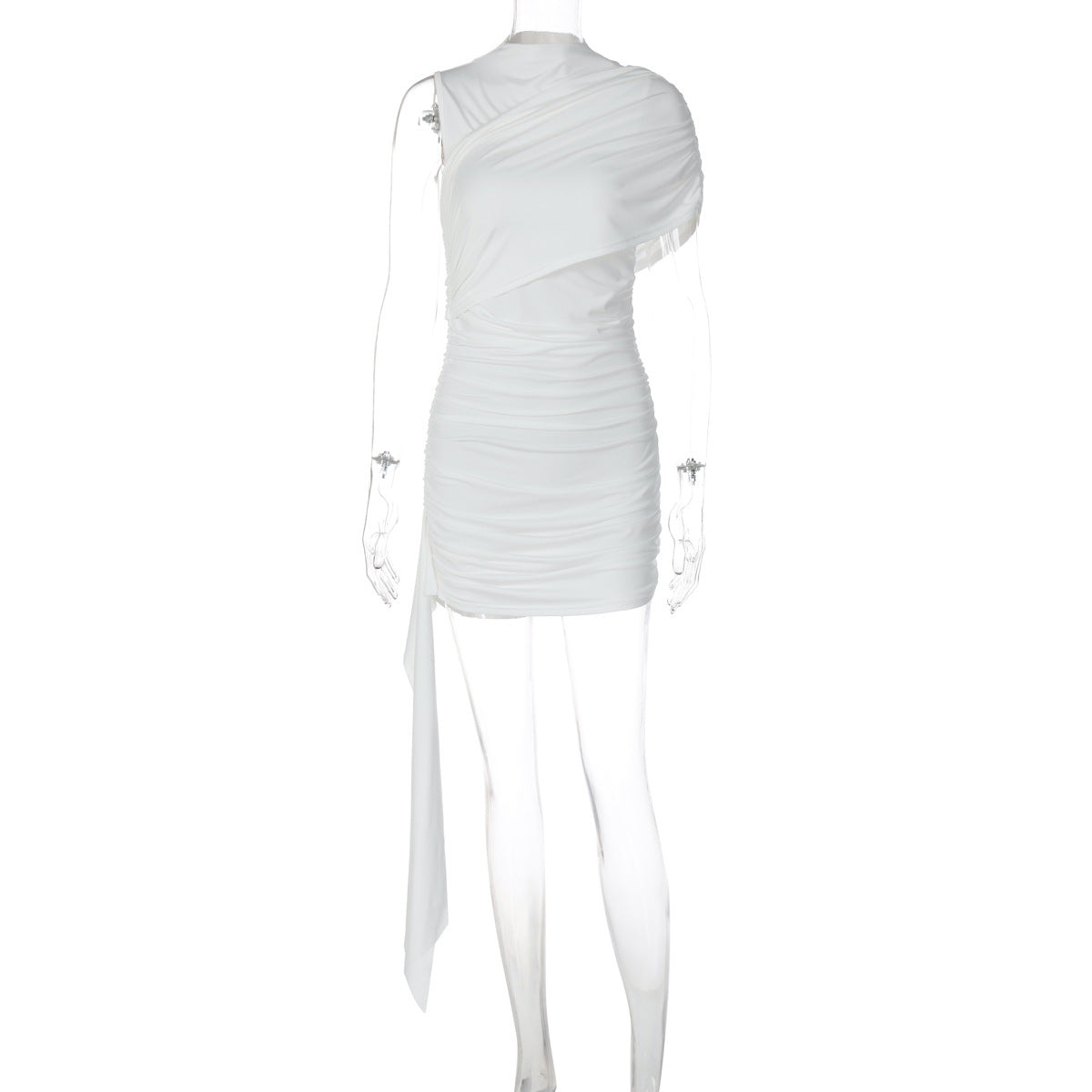Pure Color Pure Desire High-End Slant Collar Pleated Sleeves Spliced ​​Ribbon Dress