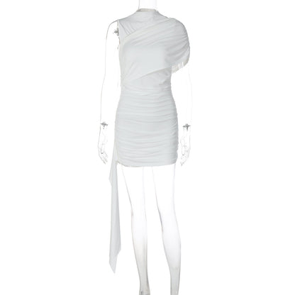 Pure Color Pure Desire High-End Slant Collar Pleated Sleeves Spliced ​​Ribbon Dress