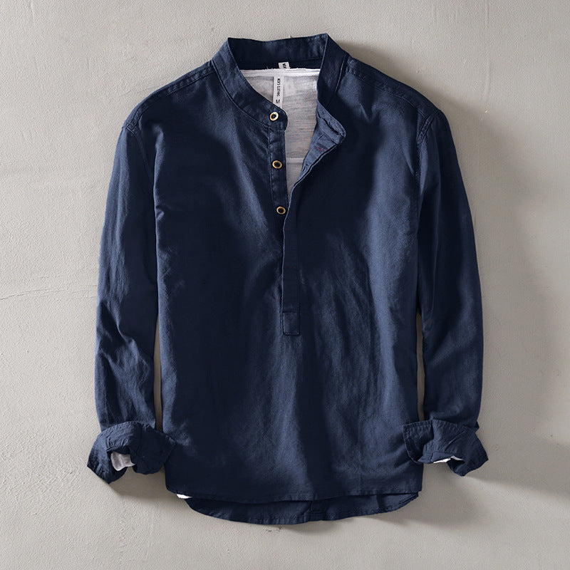 Pure Color Stand-Up Collar Pullover Cotton and Linen Lining