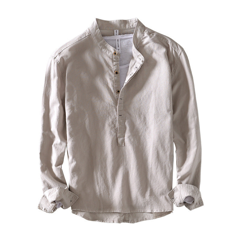 Pure Color Stand-Up Collar Pullover Cotton and Linen Lining