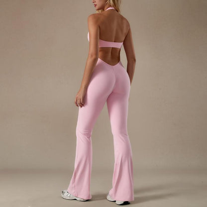 Pure Color V-Neck Lace Halter Yoga Sports One-Piece Bell-Bottom Pants Tight