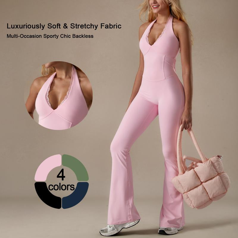 Pure Color V-Neck Lace Halter Yoga Sports One-Piece Bell-Bottom Pants Tight