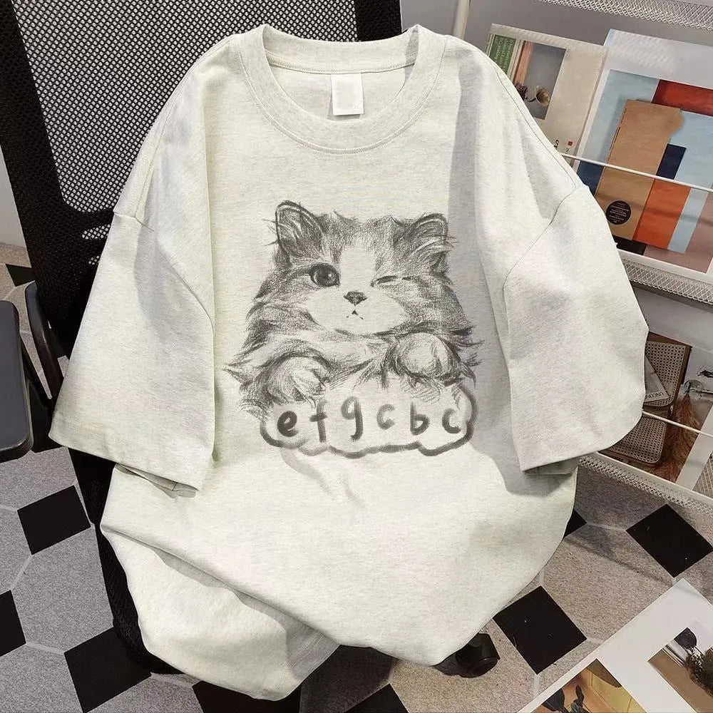 Pure Cotton Cat Print Short Sleeve T-Shirt