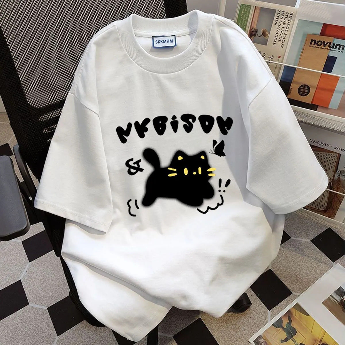 Pure Cotton Cat Print Short Sleeve T-Shirt