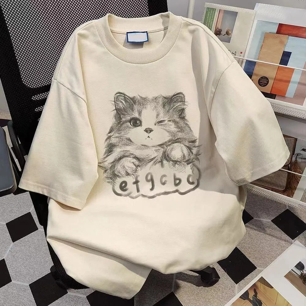 Pure Cotton Cat Print Short Sleeve T-Shirt