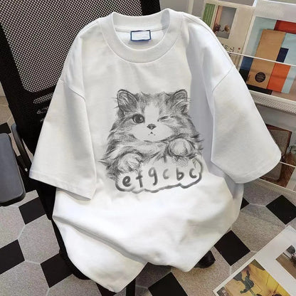 Pure Cotton Cat Print Short Sleeve T-Shirt