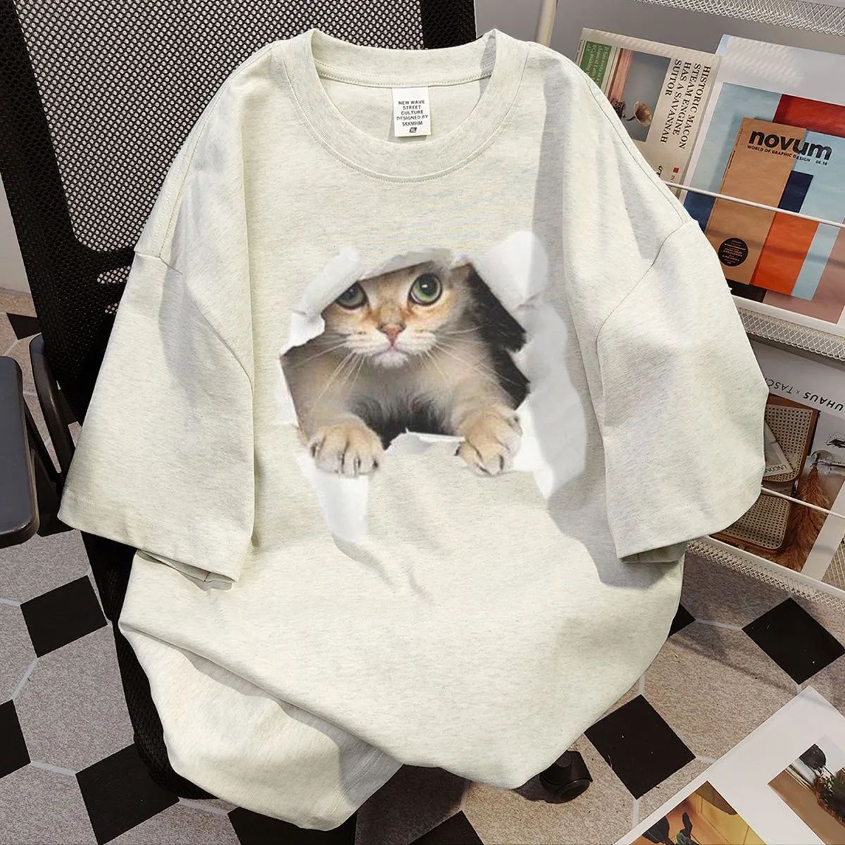 Pure Cotton Cat Print Short Sleeve T-Shirt
