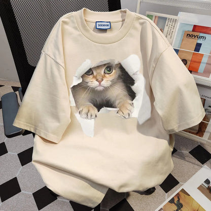 Pure Cotton Cat Print Short Sleeve T-Shirt