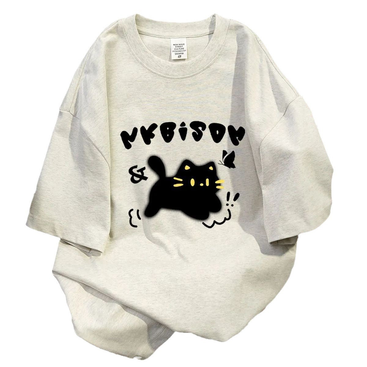 Pure Cotton Cat Print Short Sleeve T-Shirt