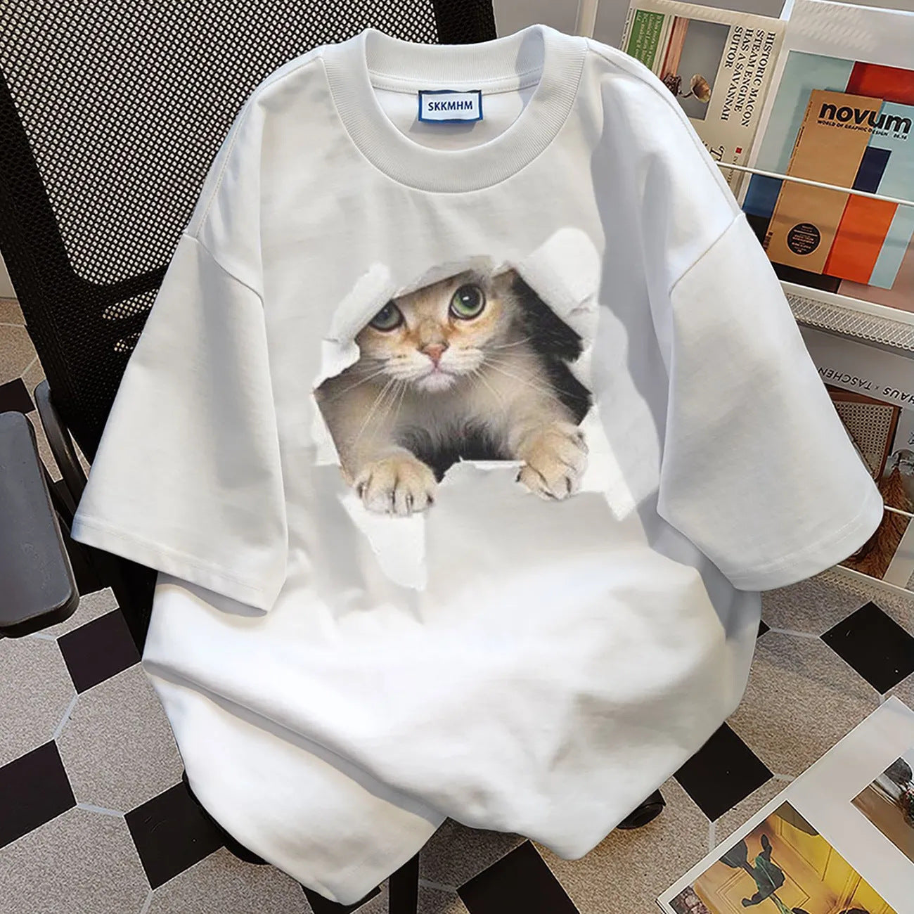 Pure Cotton Cat Print Short Sleeve T-Shirt