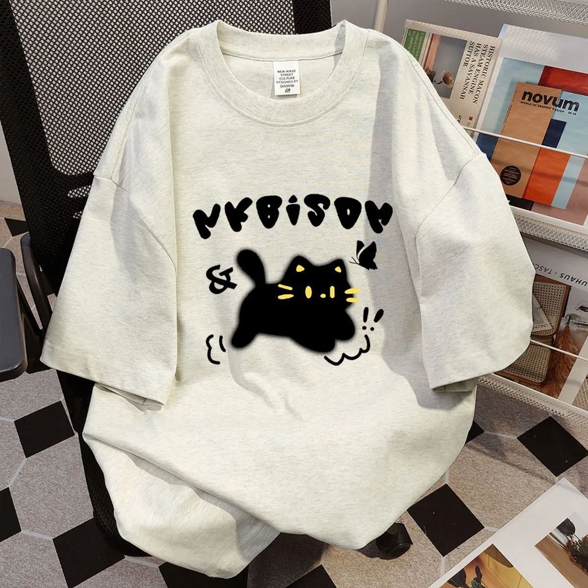 Pure Cotton Cat Print Short Sleeve T-Shirt