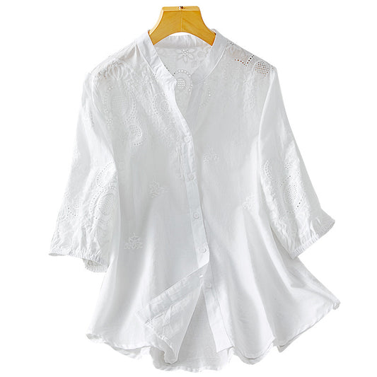 Pure Cotton Embroidered V-Neck Shirt