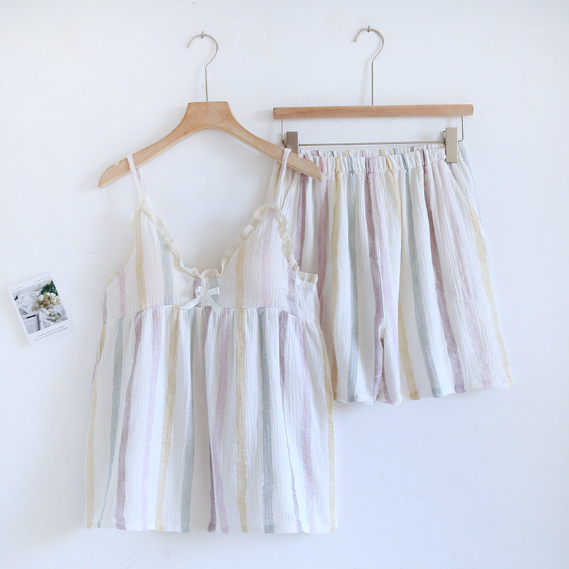Pure cotton pajamas women's summer crepe sling chest pad two-piece suit sweet cute fresh home wear can be worn outside