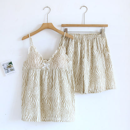 Pure cotton pajamas women's summer crepe sling chest pad two-piece suit sweet cute fresh home wear can be worn outside