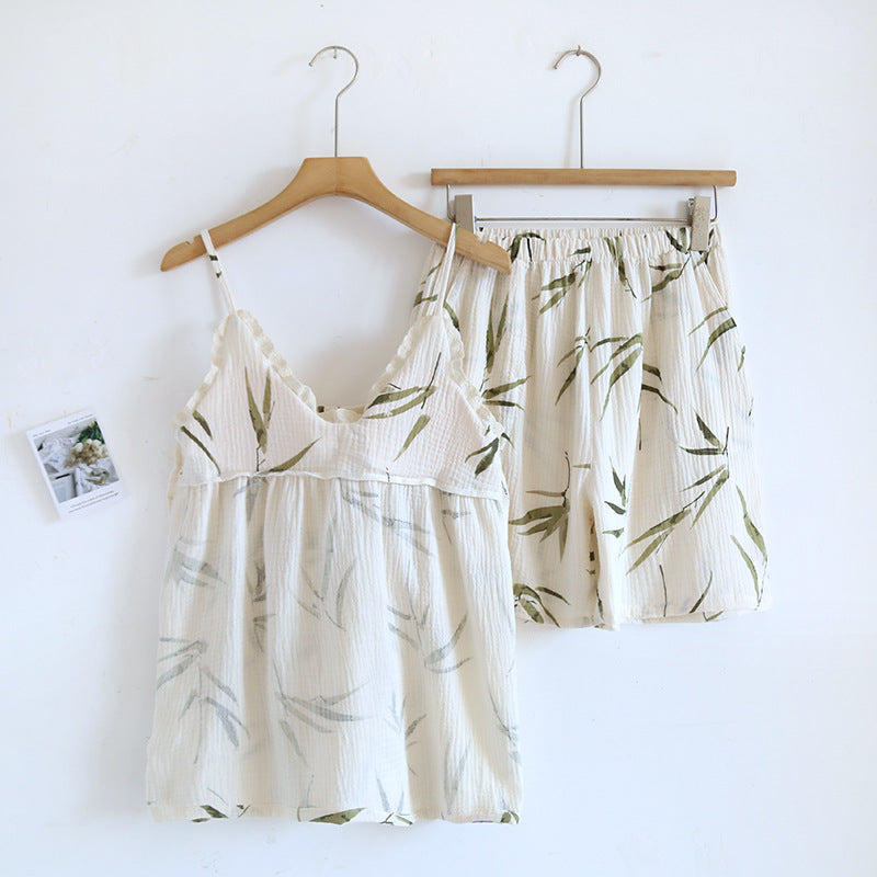 Pure cotton pajamas women's summer crepe sling chest pad two-piece suit sweet cute fresh home wear can be worn outside